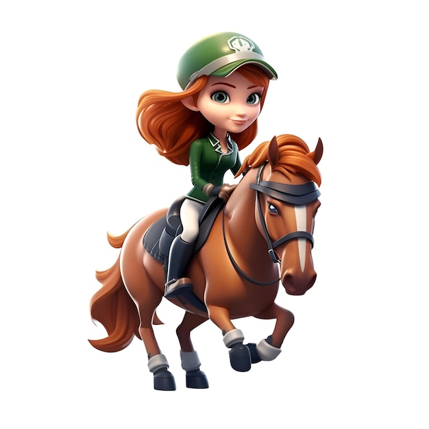 3D digital render of a cute girl riding a horse isolated on white background
