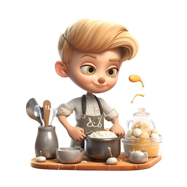 3D digital render of a cute little boy baking cookies isolated on white background