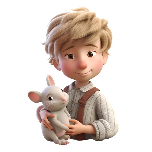 3D digital render of a cute little boy with a rabbit isolated on white background