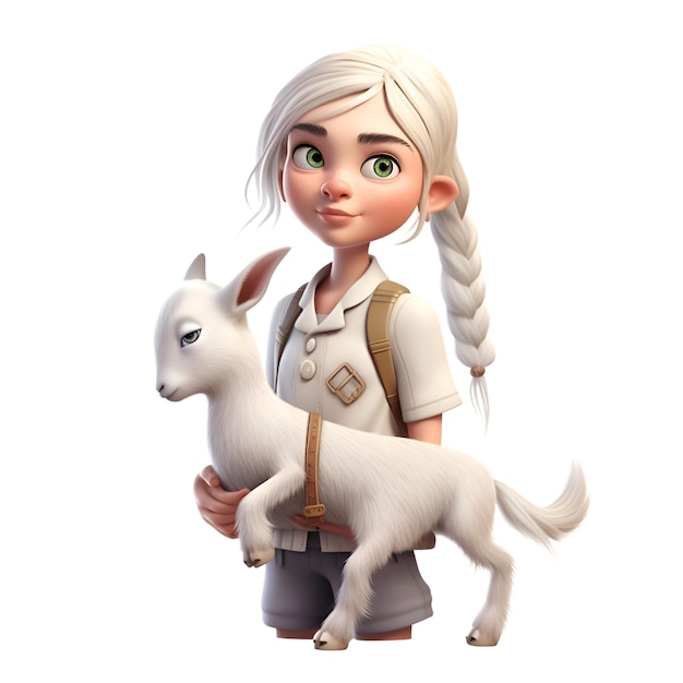 3D digital render of a cute little girl with a white goat isolated on white background