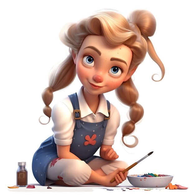 3D digital render of a cute little painter girl with a paintbrush