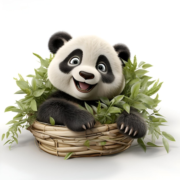 3D digital render of a cute panda sitting in a bamboo basket