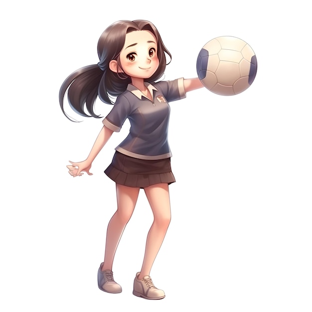 3D digital render of a cute schoolgirl holding a soccer ball isolated on white background