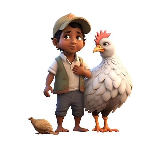 白い背景に分離された鶏を持つ小さな男の子のデジタル 3 D レンダリングします。