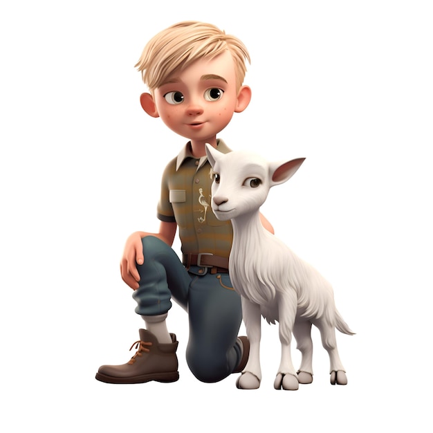 3D digital render of a little boy with a white goat isolated on white background