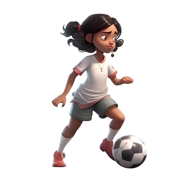 3D digital render of a little girl playing soccer isolated on white background