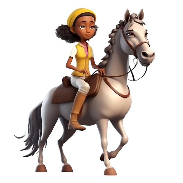 Photo 3d digital render of a little girl riding a horse isolated on white background