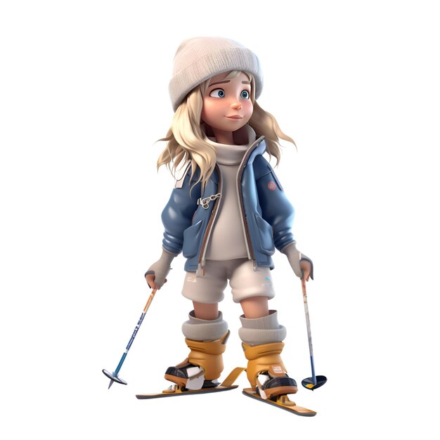 3D digital render of a little girl skiing isolated on white background