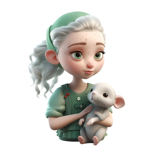 3D digital render of a little girl with a mouse isolated on white background