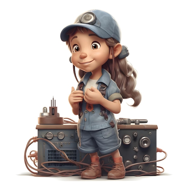 Photo 3d digital render of a little mechanic with a radio isolated on white background