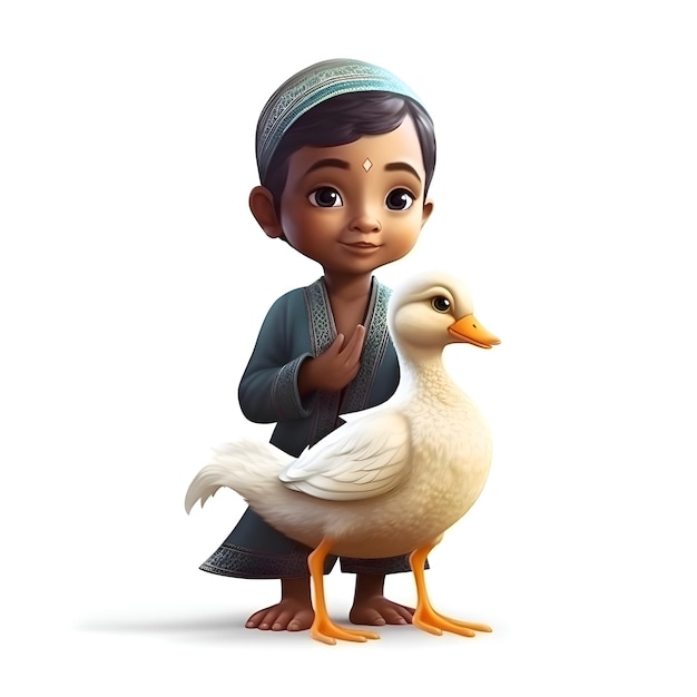 3d digital render of a muslim boy with a duck isolated on white background
