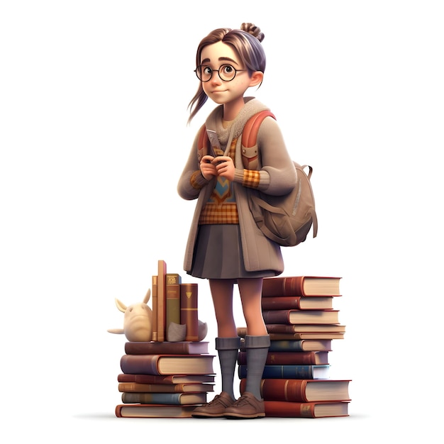 3D digital render of a schoolgirl with a backpack and books isolated on white background