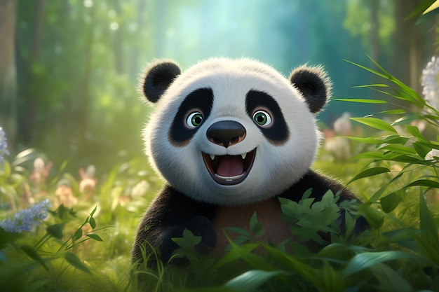 3D digitale illustratie van een glimlachende panda in het park