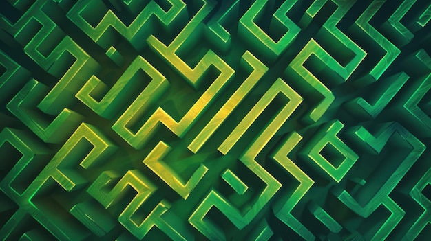 3D digitale kunst van een labyrintische structuur in groene en gele neonlichten