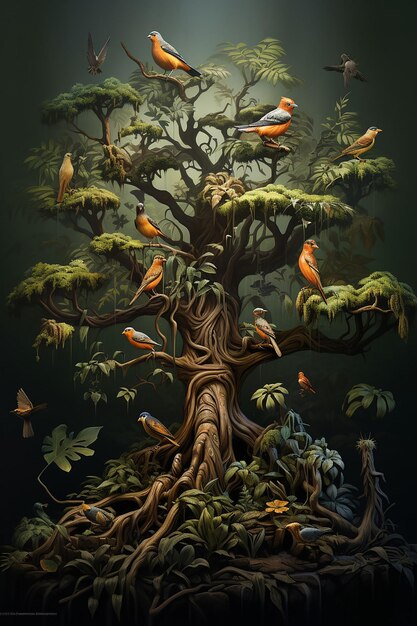 3D digitale schilderij van een oude uitgestrekte boom met elke tak die verschillende vogelsoorten herbergt f