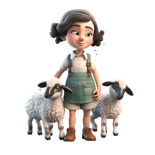 Foto 3d digitale weergave van een schattig cartoon meisje met schapen geïsoleerd op witte achtergrond