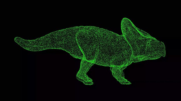 Photo 3d dinosaur protoceratops on black background object made of shimmering particles wild animals concept for title text presentation 3d animation