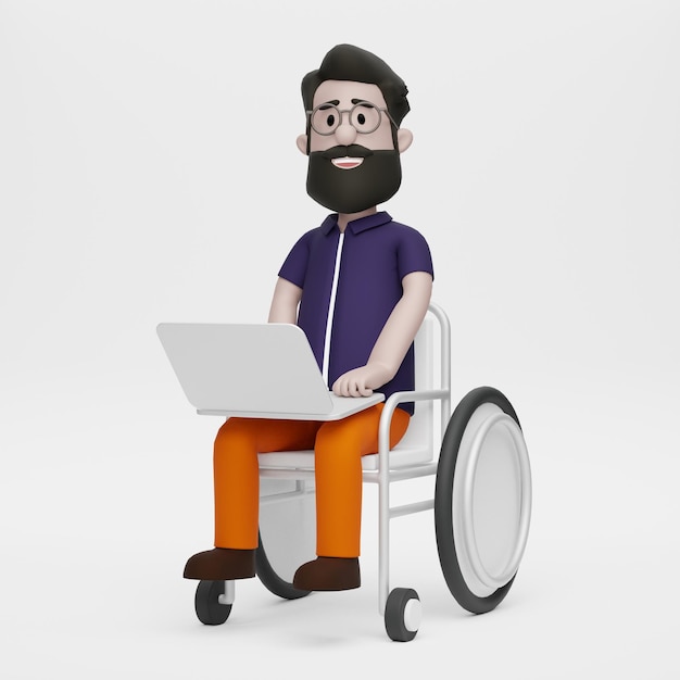 3D Disabled Man Comes to work with Wheelchair Happy