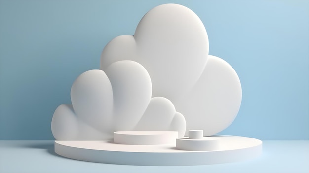 3D-display op een wit voetstuk met wolkenvormen op een lichtblauwe pastelkleurige achtergrond