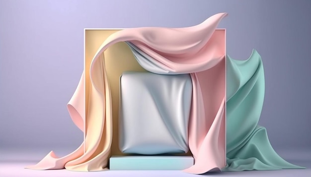 3D display pastel background. Nature Beauty, silk cloth flying. cosmetic product presentation