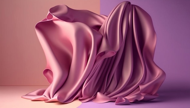 3D display pastel purple background. Satin fabric in motion, silk cloth flying.