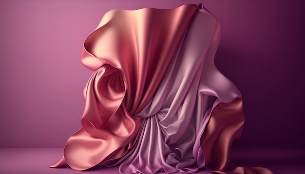 3D display pastel purple background. Satin fabric in motion, silk cloth flying.