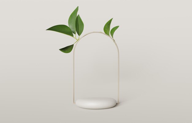 3D 디스플레이 연단 베이지색 배경 아치 프레임의 녹색 식물 잎 자연 받침대 제품 모형