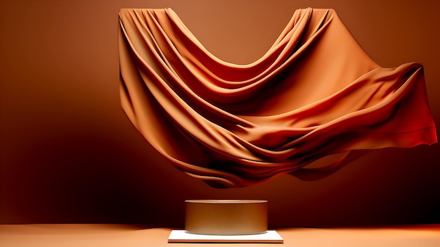 3D display podium brown background with wood frame pedestal and flying silk cloth curtain Nature wind Beauty cosmetic product presentation stand Luxury feminine mockup 3d render advertisement