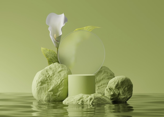 3D-display podium groene achtergrond en witte bloem Schoonheidsproduct cosmetisch voetstuk