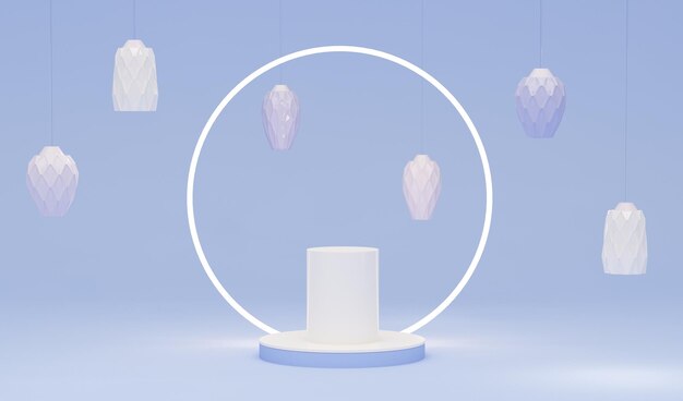 3D display podium,pastel blue background with pedestal and purple lamp.