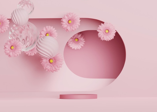 3d display podium pink flower background nature beauty product cosmetic mockup