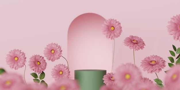 3d display podio fiore rosa sfondo natura prodotto di bellezza mockup cosmetico