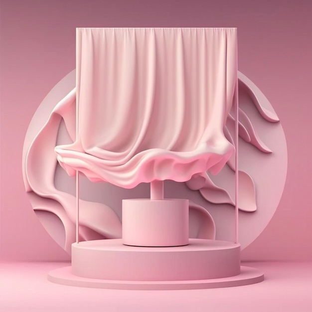 3D display podium roze achtergrond met voetstuk en vliegend zijden stoffen gordijn Ai generatief