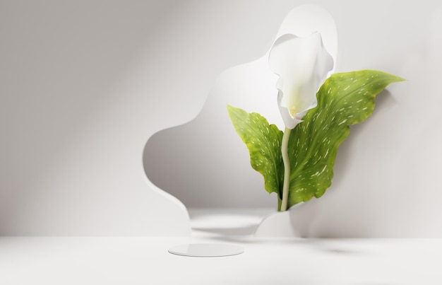 받침대가있는 3D 디스플레이 연단 흰색 배경 자연 꽃 화장품 제품 모형