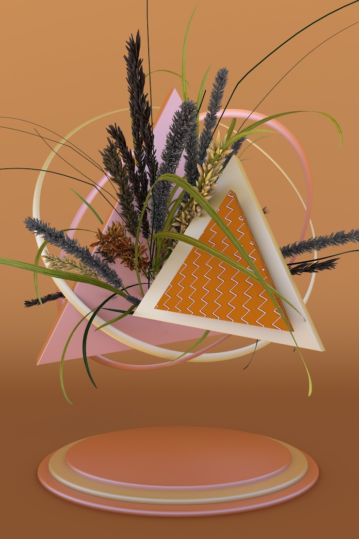 Photo 3d display stand with dry autumn plants brown pedestal with plants composition for beauty product