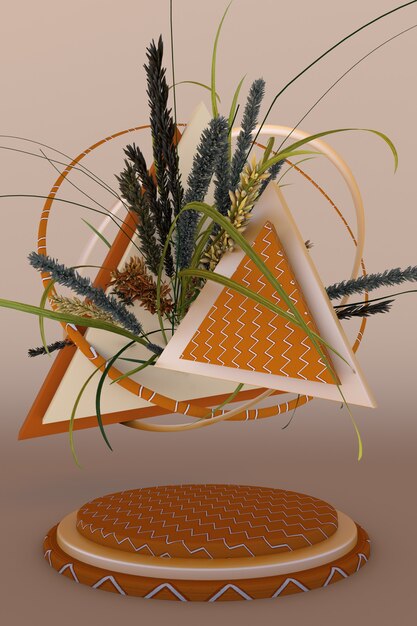 3d display with dry plants abstract beige background with geometric shape minimal boho design