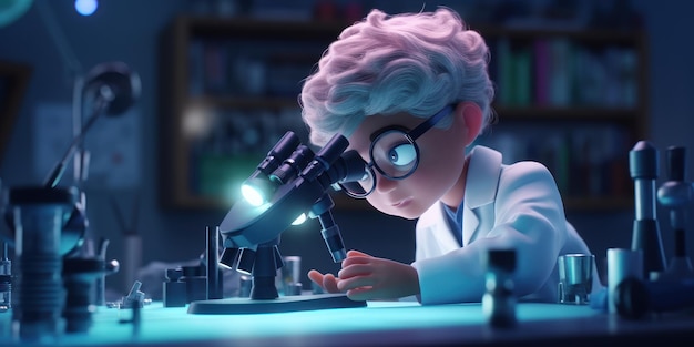 3D Doctor looking under microscope to analysis sample Medical science Lab Generative AI