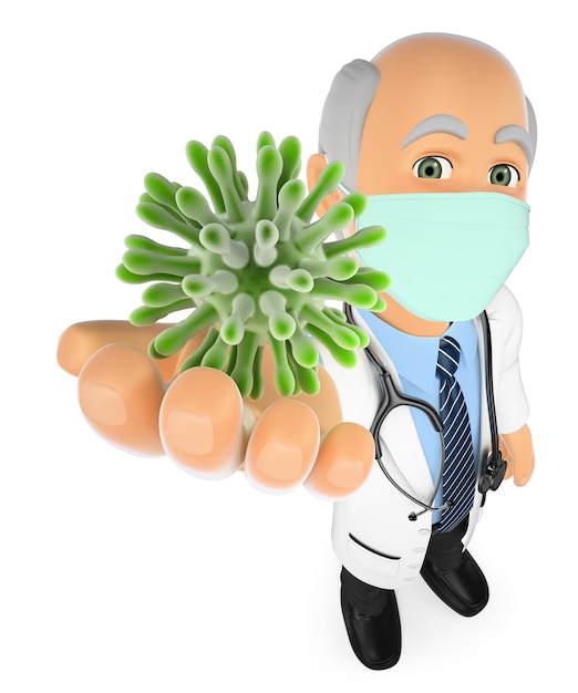 3D Doctor with mask showing a virus or bacterium