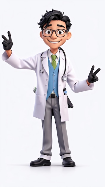 3D doctor young man glasses black hair with happy full smile expression