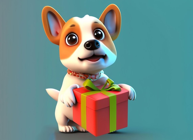 3d dog holding gift box red