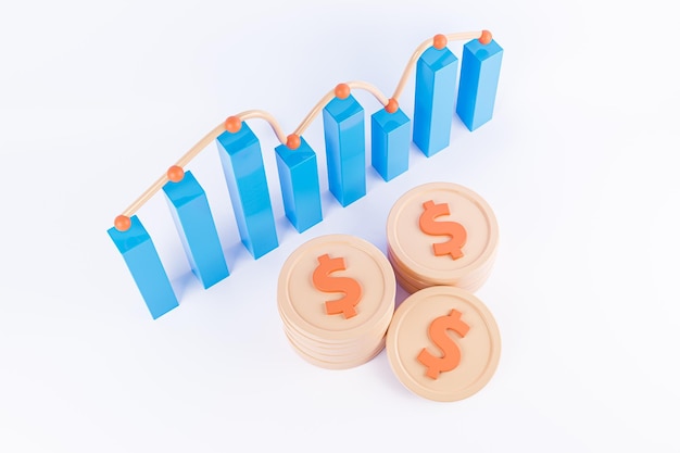 3D Dollar stack and economy column chart isolated background 3D rendered
