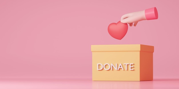 3D Donate concept Hand pick heart into donation box 3d rendering