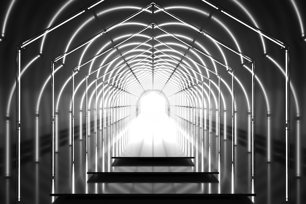 3d donker zeshoekig tunnel glanzend podium. Abstracte achtergrond. Lichtreflectiefase. Geometrische neonlichten.