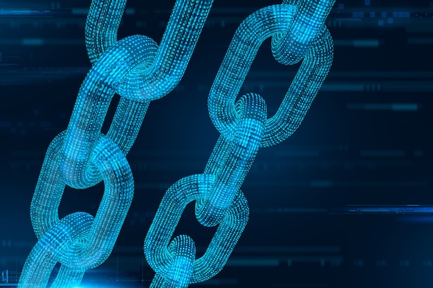 3D draadframe ketting met digitale code. Blockchain 3D render.