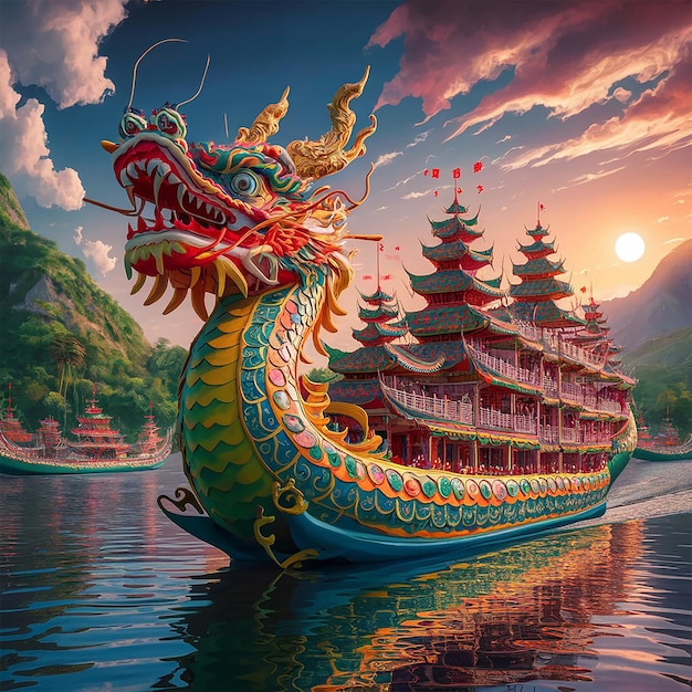 3d Dragon Boat Festival Cute cartoon dragon boat loaded with drum Text Happy Duanwu holida