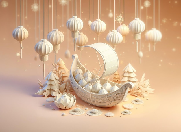 Photo 3d dragon boat festival paper boat filled with white lanterns chinese buns celebration minimal bg