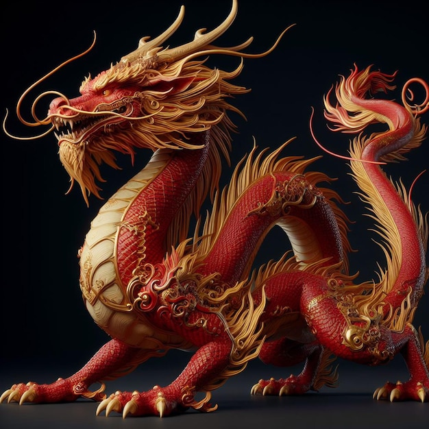 3D Dragon Red Gold and Crimson