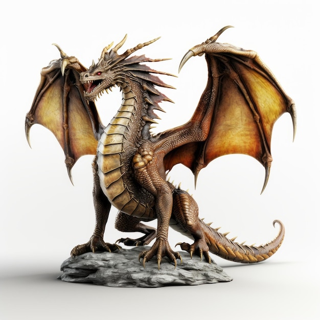 3d Dragon Statue op witte achtergrond Vray Tracing Dramatic Poses