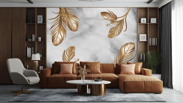 3d drawing art mural modern wall frame golden feathers and leaves with marble in silky background
