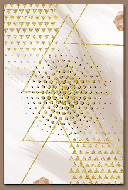 3d drawing art mural modern wall frame. golden triangles and dots shapes in light background